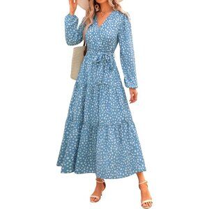 PrettyGarden Women Dot Blue Polyester V Neck Long Sleeve Floral Maxi Dress
